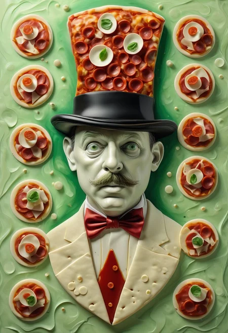 Portrait of a Pensive Pizza Slice in a Top Hat, Abstract Satin Texture, Cheese Melted in Shades of Mozzarella White, Tomato Red, and Basil Green, Eyes Deep in Thought, Surrounded by Floating Pepperoni Discs and Miniature Chandeliers, Glossy Finish, Capturing the Essence of an Absurdly Classy Pizza Poet