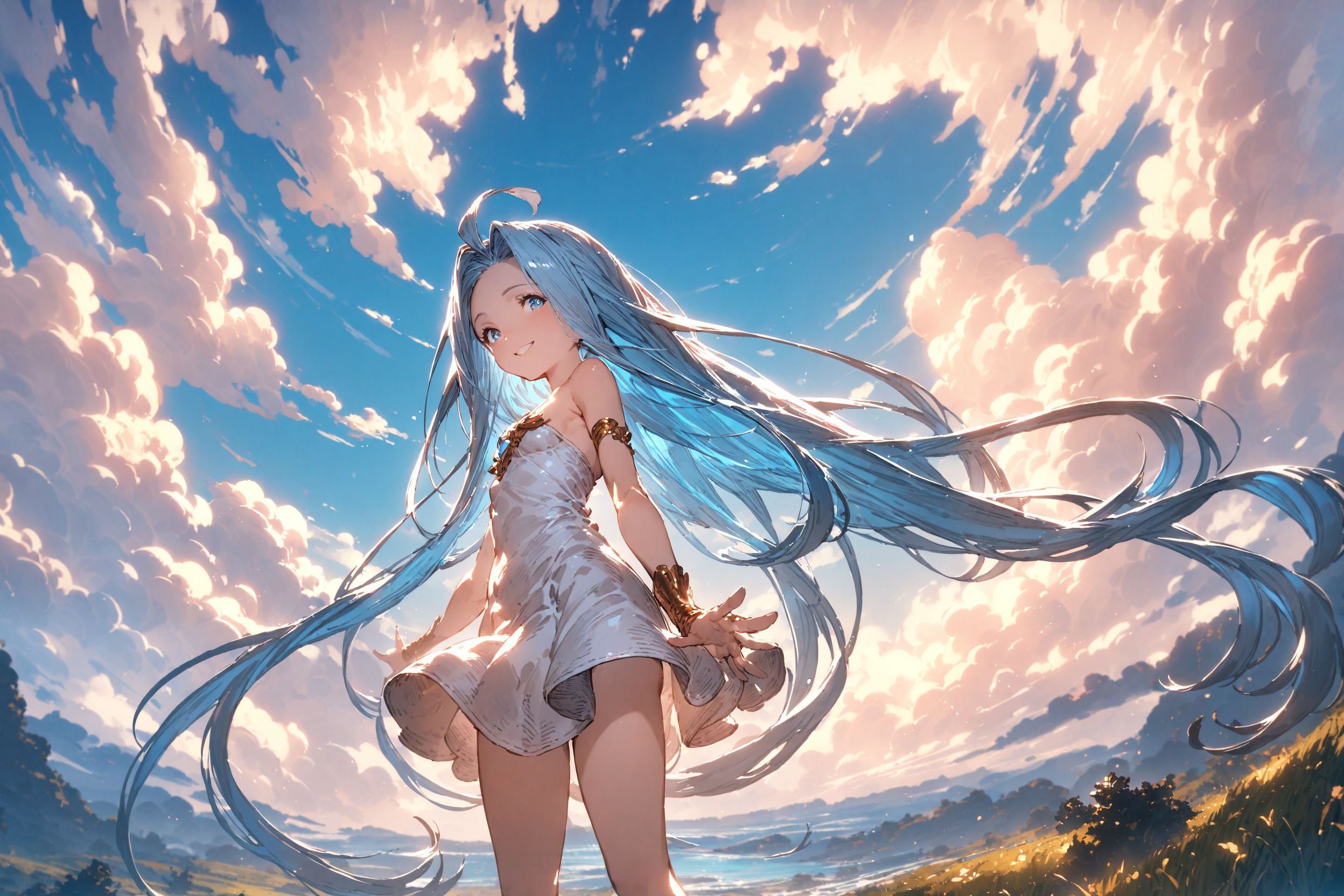 masterpiece, best quality, absurdres,
1girl, solo, scenery, smile, outdoors, (blue sky, sky, cloud:1.2), from below, 
lyria \(granblue fantasy\), very long hair, sleeveless dress, small breasts, strapless, 
<lora:lyria-XL:0.7>, clear eyes, detailed pupils,