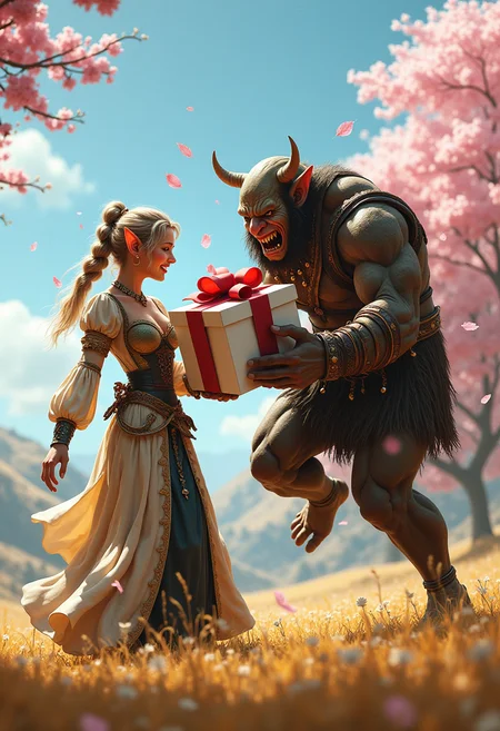 A female elf and a huge male orc in a field. The elf is wearing an elegant medieval dress, with lots of detail and embroidery. The female elf hands the orc a large gift box. The box is white, with a big red bow. The orc jumps up and down with joy, with a silly, blushing face. The female elf is happy and delighted. The day is bright and sunny. The scene has a bucolic, fantasy RPG feel. Pink cherry blossom leaves fly across the scene. The style is realistic and detailed. The lighting is professional and uses natural light. The quality is very high, full of detail and textures. Masterpiece.