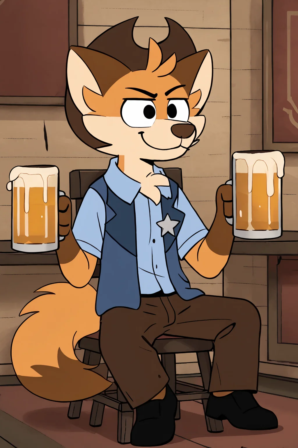 toddhayseed, furry male, fox boy, body fur, orange fur, two-tone fur, short hair, fox ears, black eyes, animal nose, chest tuft, fox tail, cowboy hat, light blue shirt, collared shirt, short sleeves, blue vest, open vest, sheriff badge, brown pants, black shoes, sitting, holding beer mug, smiling, 1boy, solo, full body, long legs, saloon background, indoors, Expressiveh
