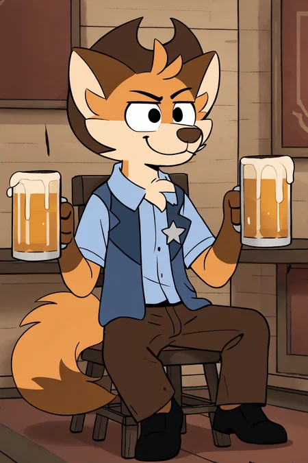 toddhayseed, furry male, fox boy, body fur, orange fur, two-tone fur, short hair, fox ears, black eyes, animal nose, chest tuft, fox tail, cowboy hat, light blue shirt, collared shirt, short sleeves, blue vest, open vest, sheriff badge, brown pants, black shoes, sitting, holding beer mug, smiling, 1boy, solo, full body, long legs, saloon background, indoors, Expressiveh