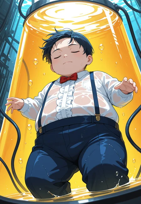 ((masterpiece, best quality, colorful, cinematic ambiance)), high quality, <lora:nicholas-v1:0.9> hxh-nicholas, 1boy, (young), (chubby), red bowtie, white frilled shirt, blue suspenders pants, from below, inside a water tank, floating inside a water tank, yellow water, closed eyes, yellow glass, cables, expressionless, floating clothes, untie, underwater, partially semi-naked, wet body, wet, wet clothes, floating hair, BREAK perfect hand, expressionless, male focus,