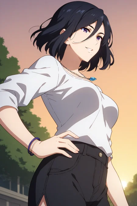 score_9, score_8_up, score_7_up, source_anime, 1girl, prefect lighting, very aesthetic, intricate details, highly detailed background, masterpiece, high quality, prefect hands, best quality, solo,
<lora:Izumi_Nase_Beyond_The_Boundary_V1:.85>, kjoizumi, black hair, purple eyes, medium hair, hair between eyes, mole under mouth,
fish necklace, white shirt, bracelet, open blue jacket, black shorts,
hand on own hip, seductive smile, from below, looking to the side,
outdoors, park, sunset, sunbeam,
(Beautiful, medium Breasts:1.2), natural breasts,