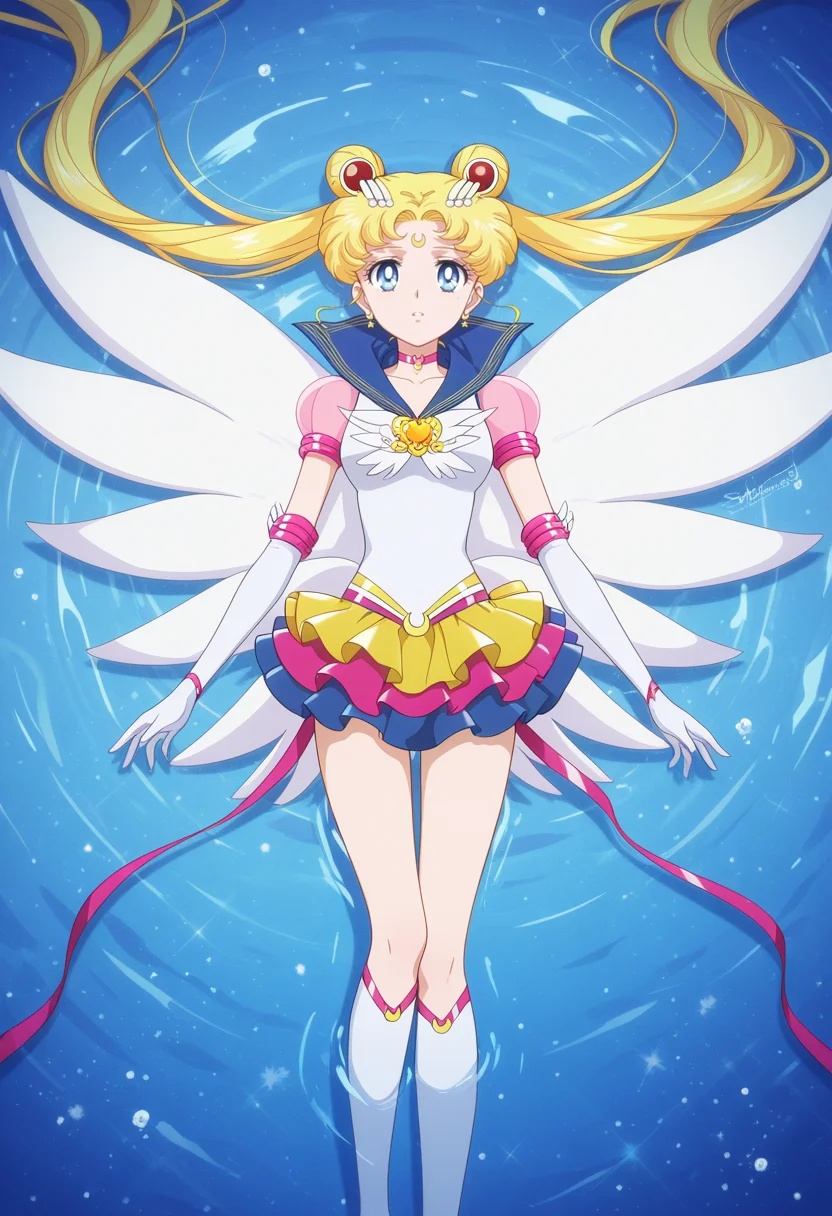 1girl,solo,<lora:eternal_sailor_moon.v3:1>,tsukino usagi,sailor moon,magical girl,blue eyes,sailor senshi uniform,twintails,sailor collar,jewelry,hair bun,crescent facial mark,forehead mark,choker,hair ornament,brooch,earrings,elbow gloves,layered skirt,multicolored skirt,star \(symbol\),see-through sleeves,puffy short sleeves,ribbon,knee boots,wings,
afloat,
masterpiece,best quality,amazing quality,