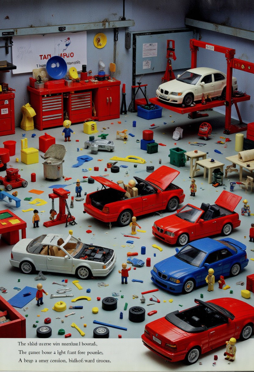 I_5PY, lego scenery, lego scene, vibrant, highly detailed, cluttered miniature toy BMW repair shop diorama. Bright, even, shadowless 'I Spy' book lighting, slightly elevated perspective on a grey 'concrete' floor.
Features distinct toy BMWs: classic red Z3 roadster (hood open), modern blue M4 coupe on a red toy car lift, older silver E30 sedan (one wheel off).
Tiny toy mechanic figurines (e.g., LEGO/Playmobil in overalls) busy: one inspects Z3 engine, another under M4 with tiny silver wrench, a third rolls a toy tire.
Workshop is densely packed with miniature garage items: red toy tool chest (drawers ajar), scattered tiny silver wrenches, yellow-handled screwdrivers, rubber mallet, pliers. Many loose toy car wheels & tires. Miniature oil cans, fluid bottles. Small toy engine hoist, floor jack. Scattered nuts, bolts, screws (metallic beads). Crumpled blue paper towel scrap. Miniature "BMW Service" sign on a 'wall'. Colorful plastic storage bins with tiny parts.
Overall: imaginative, chaotic miniature workshop, inviting close inspection of toy details. Moderate depth of field."