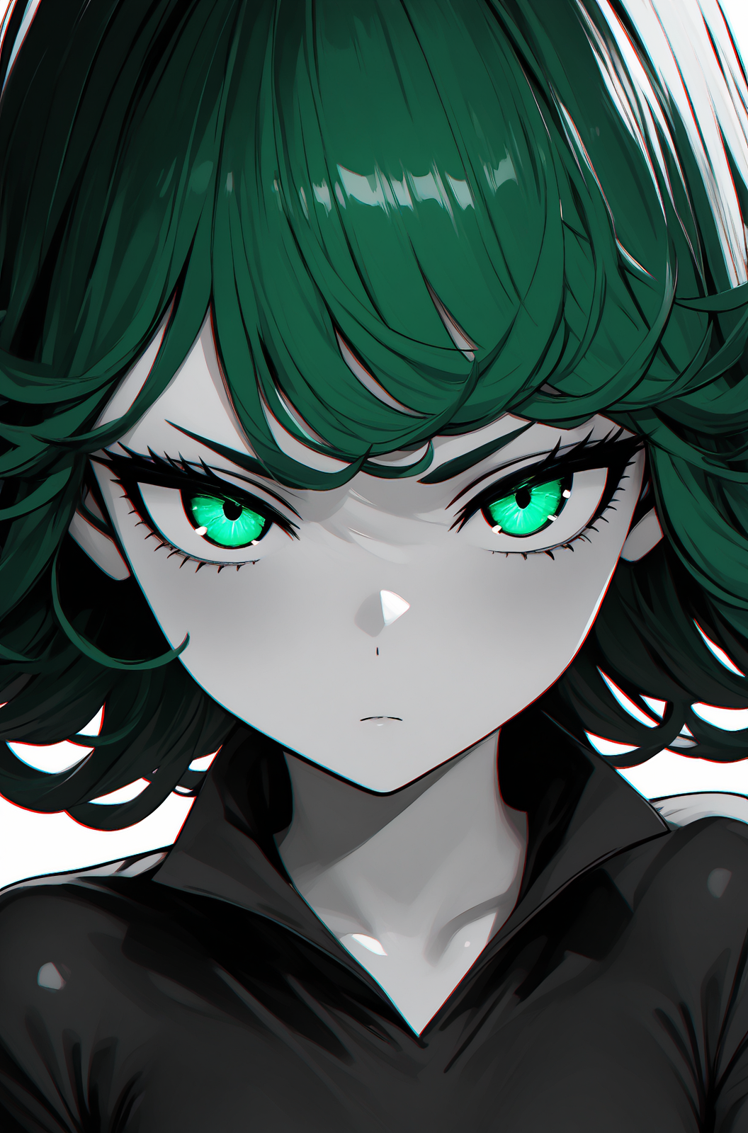 1girl, tatsumaki, sensitive, 3d, chromatic aberration, upper body, greyscale, looking at viewer, spot color, green hair, glowing, masterpiece, best quality, newest, <lora:Eyes_Lora_Pony_Perfect_eyes:0.60>