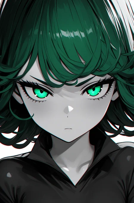1girl, tatsumaki, sensitive, 3d, chromatic aberration, upper body, greyscale, looking at viewer, spot color, green hair, glowing, masterpiece, best quality, newest, <lora:Eyes_Lora_Pony_Perfect_eyes:0.60>