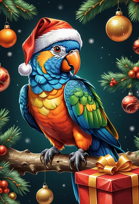 close-up, 8k, HDR, RGB, oil paint, watercolor, Detailed illustration of a colorful cute parrot sitting on a Christmas tree, with orange eyes and wearing a Santa hat next to gifts, Christmas theme, high quality, t-shirt design, vector, cardboard, outline , splash of fantasy swirls, modern t-shirt design, in Studio Ghibli style,
