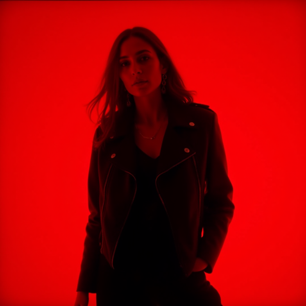 cinematic film still  <lora:Hollywood Cinematic Film style v1:1>
A dramatic cinematic photographic image of a woman in a black leather jacket and black pants,1girl,solo,long hair,black hair,long sleeves,jewelry,standing,jacket,earrings,pants,black jacket,black pants,red background,leather,leather jacket , Commercial advertisement themed, sharp, detailed, epic photography, artistic, creative, dramatic light, cinematic style, Kodak film style, different lighting style, different color style, different background, different scene, different person, different people, different race, different gender, 8k resolution, Television advertisement Hollywood Cinematic Film style . shallow depth of field, vignette, highly detailed, high budget, bokeh, cinemascope, moody, epic, gorgeous, film grain, grainy