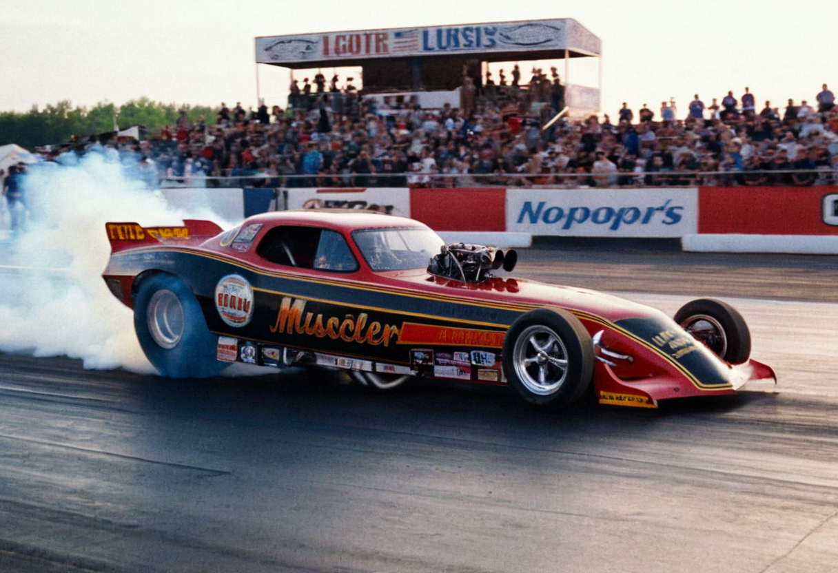 VintageMuscleCar, dragster, side view, race track, smoke trail, people, outdoors, 4K, highly detailed, (stylish grainy analog 35mm film photo)