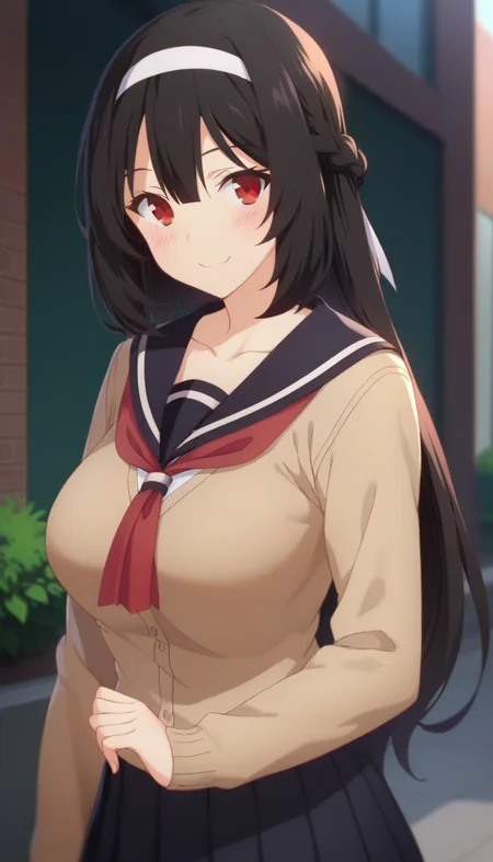 score_9,score_8_up,score_7_up,score_6_up BREAK official art,solo,outdoors,upper body,(portrait:1.5),looking at viewer,facing viewer,smile,blush,Karen Inukai,long hair,black hair,white hairband,braid,hair between eyes,parted bangs,red eyes,collarbone,school uniform,black sailor collar,brown cardigan,red neckerchief,long sleeves,large breasts,skindentation,miniskirt,black skirt,pleated skirt,black pantyhose,loafers,brown footwear,<lora:Karen Inukai(mlid)-Pony:1.6>,