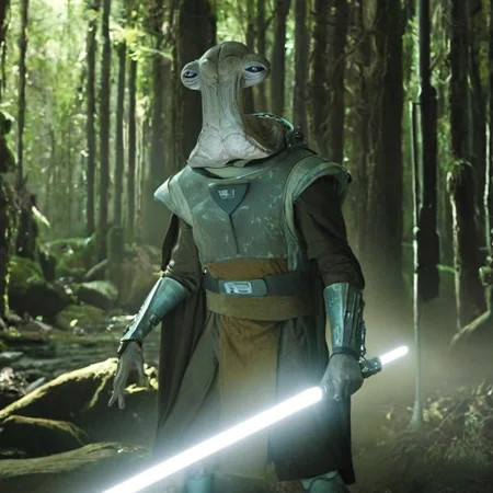 cinematic film style star wars style of an ithorian hammerhead alien, dynamic, moody, darkness, shadows, dark, sinister, pitch black, highly detailed, (Alien biomechanical futuristic cybernetic forest inside of a spaceship in background), shining heavy white armor, holding long brilliant glowing light saber, IMAX,