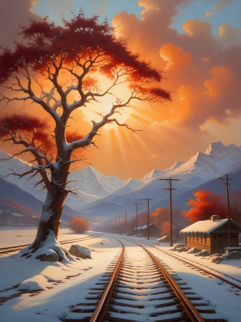 <lora:07RomanticismArt_Hap_XL:1>, romanticism oil painting, Oil painting on canvas, detailed background, (peaceful snowcapped mountains), ice covered oak trees with no leaves, snow on the ground, beautiful view, holly, mistletoe, early morning, sunrise sky, orange clouds, red sky, dappled sunlight, beautiful, train tracks in the snow, bird's nest, dead tree, depth of field, illustration, perfect composition, intricate details, absurdres, moody lighting, wisps of light, no humans, (baroque style: 0.8), (Bob Ross style: 0.6)ï¼