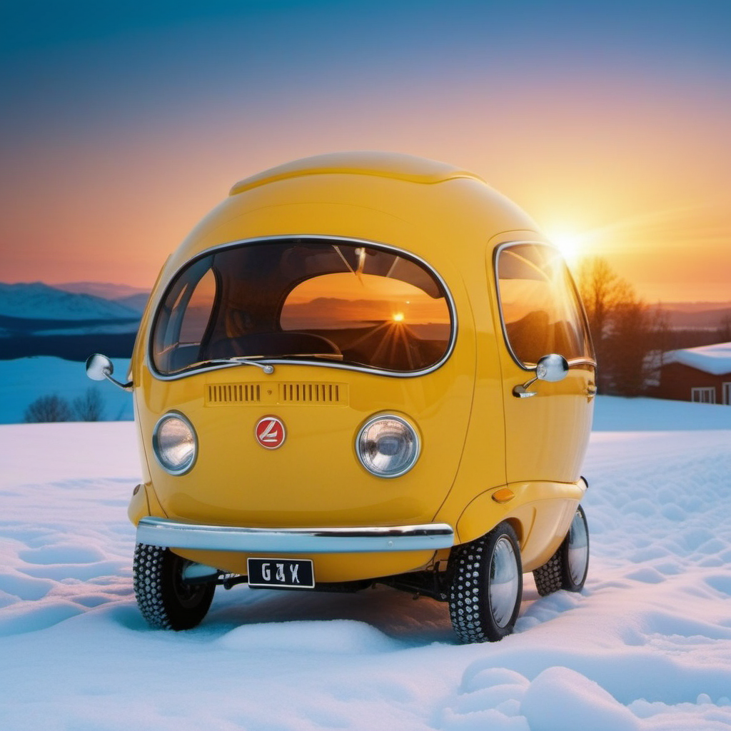 a pearly yellow bubble car, snow, sunset, photography, ultra sharp, film, professional, 64k <lora:PeaCar1024:0.8> <lora:add-detail-xl:1.5>