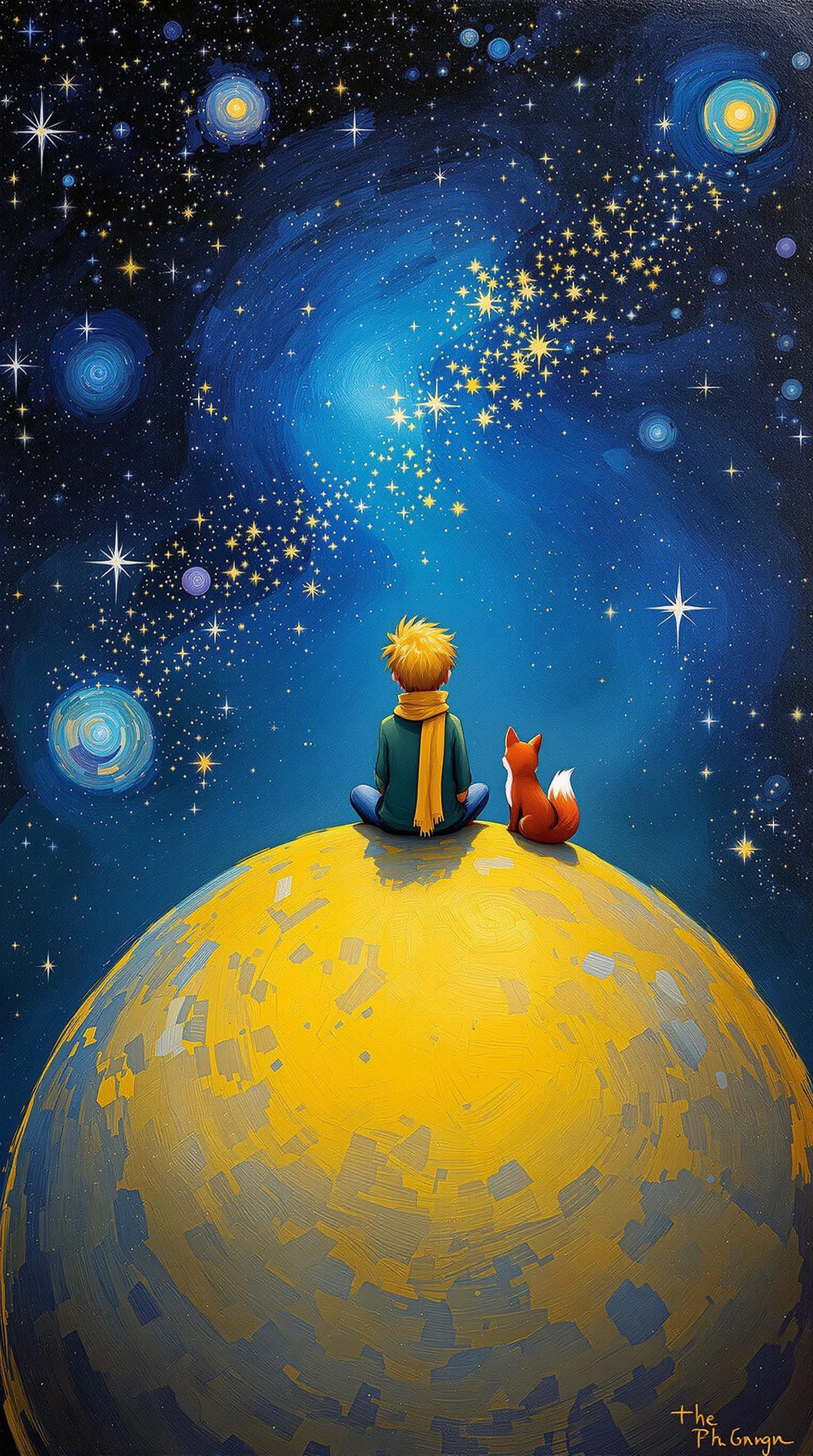 An oill painting shows the back of The Little Prince, sit on the top of a big yellow planet, wearing a long yellow scarf, green cloth, Blonde short hair, and a fox, universe, background is the star night from the painting Van Gogh, oil brush art sref