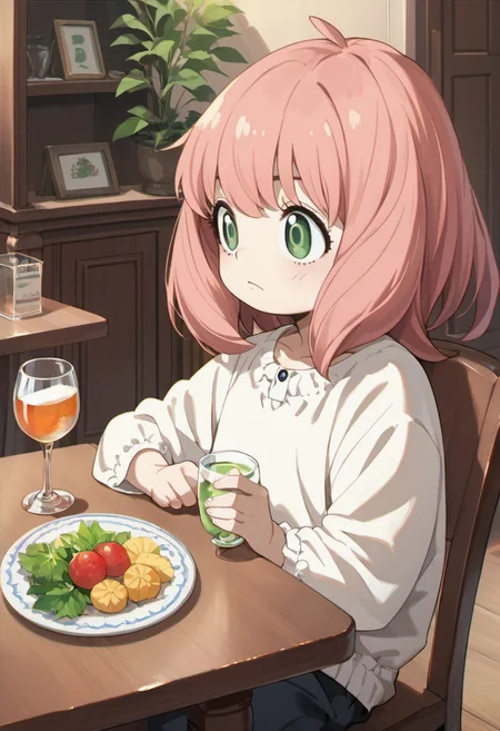 score_9, score_8_up, score_7_up, source_anime, anya forger, pink hair, female child, child, green eyes, medium hair, 1girl, solo, chair, drinking glass, indoors, cup, ahoge, table, knife