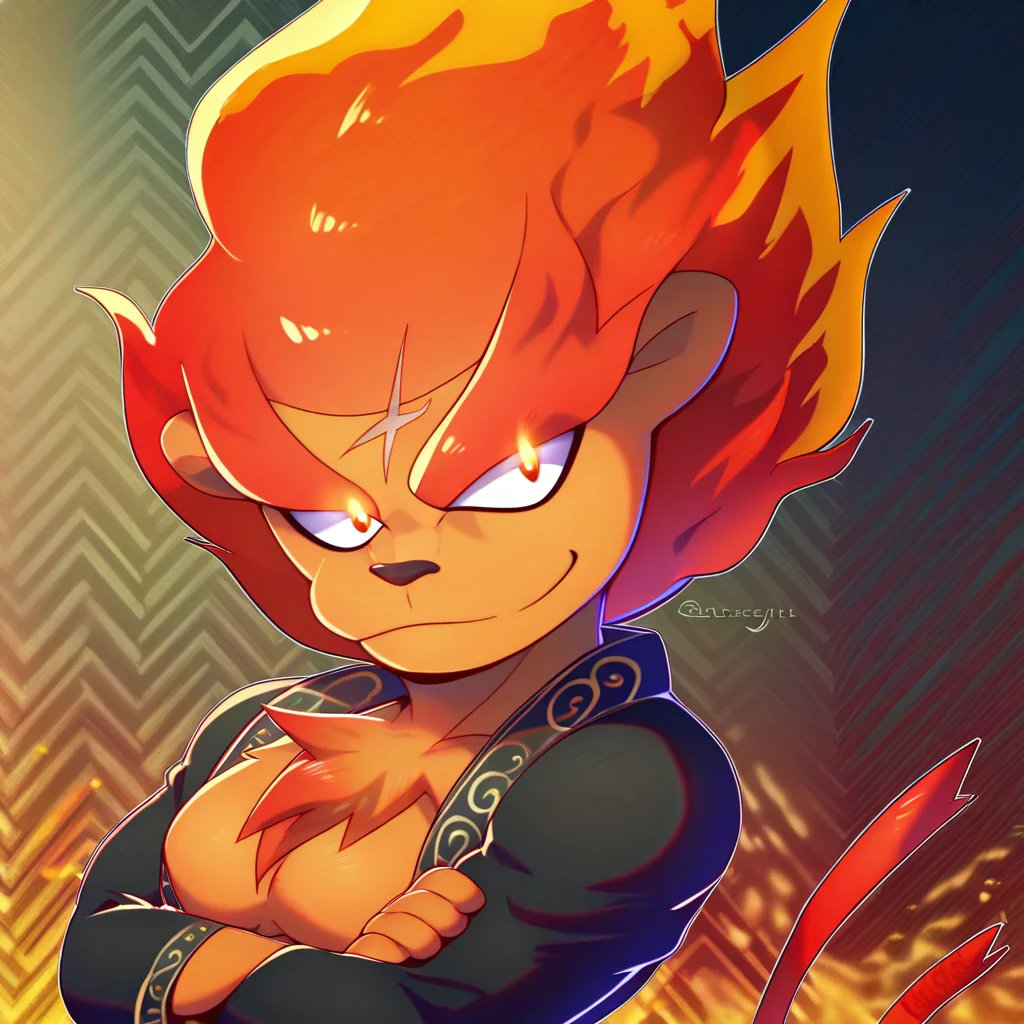 score_9, score_8_up, score_8, furry, Blazion, lion, orange fur, red hair, thick red eyebrows, forehead scar, chest tuft, cartoon style, 2d, muscular male, solo, upper body focus, face close up, black robe, arms crossed, smirk, looking at viewer, fiery background