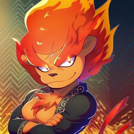 score_9, score_8_up, score_8, furry, Blazion, lion, orange fur, red hair, thick red eyebrows, forehead scar, chest tuft, cartoon style, 2d, muscular male, solo, upper body focus, face close up, black robe, arms crossed, smirk, looking at viewer, fiery background