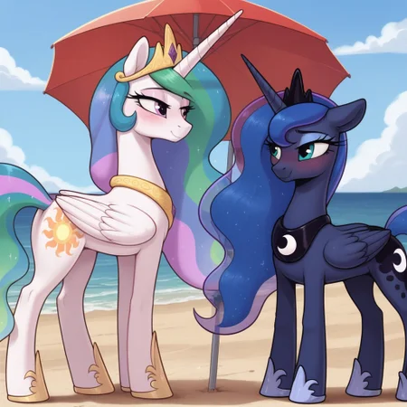score_9, score_8_up, score_7_up, score_6_up, pony, alicorn, feral, mare, duo, (princess luna), princess celestia, no breasts, beach, outdoors, beach umbrella, tail, photo_realistic, anatomically correct, looking at each other, standing, blushing