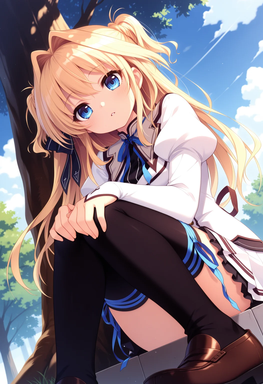 (best quality , masterpiece, good quality), sfw, general, 1girl, solo, msairi, blonde hair, blue eyes, hair intakes, ribbon, school uniform, long sleeves, black thighhighs, thigh ribbon, loafers, dutch angle, from below, hands on own knees, sitting, parted lips, tree, blue sky, cloud, tree shade, <lora:ms-airi-v2_ilxl:1>,
