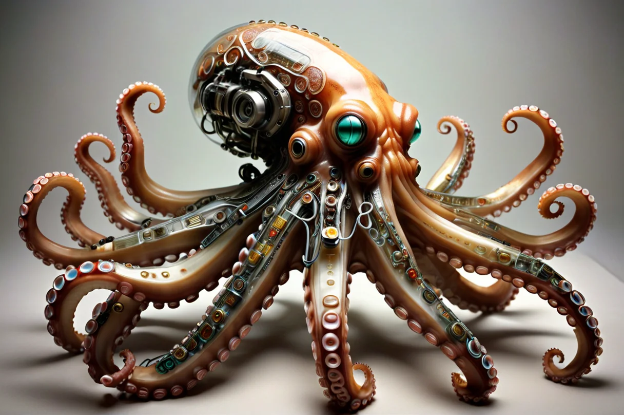 (octopus, squid, tentacles:1.5), no humans, mechanization, robot joints, science fiction, thrusters, transparent, liquids, reelmech, mechanical parts, cable, wires, machinery, joints, hose, bladder, tubes made of transistors , executed in the style of Aztec art. <lora:TransistorsXL_LoRA:1>