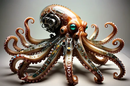 (octopus, squid, tentacles:1.5), no humans, mechanization, robot joints, science fiction, thrusters, transparent, liquids, reelmech, mechanical parts, cable, wires, machinery, joints, hose, bladder, tubes made of transistors , executed in the style of Aztec art. <lora:TransistorsXL_LoRA:1>