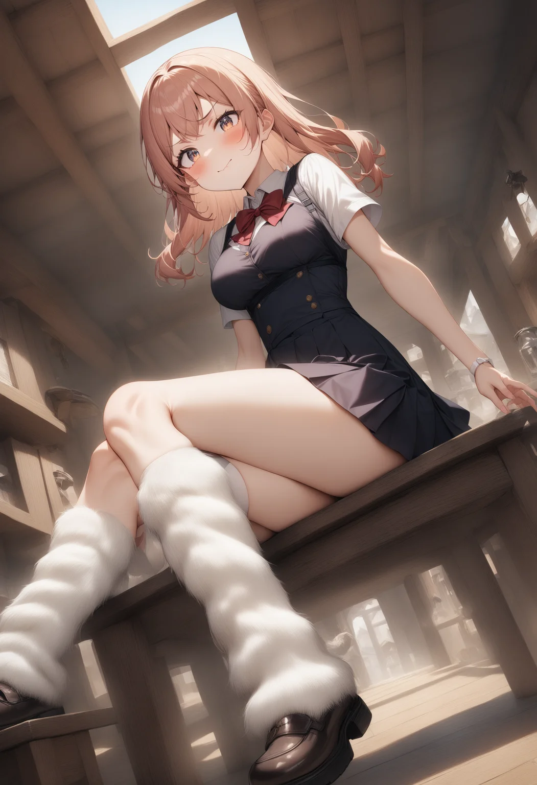 1girl, <lora:sdxl2-flat2-512b:-1>,medium breasts,white legwear, school uniform,
fur legwarmer,<lora:furlegwarmer_XL_v2:0.8>white legwear,
ceiling, cinematic angle, looking at viewer, evil smile, village, closed mouth,
masterpiece, best quality, very aesthetic, absurdres