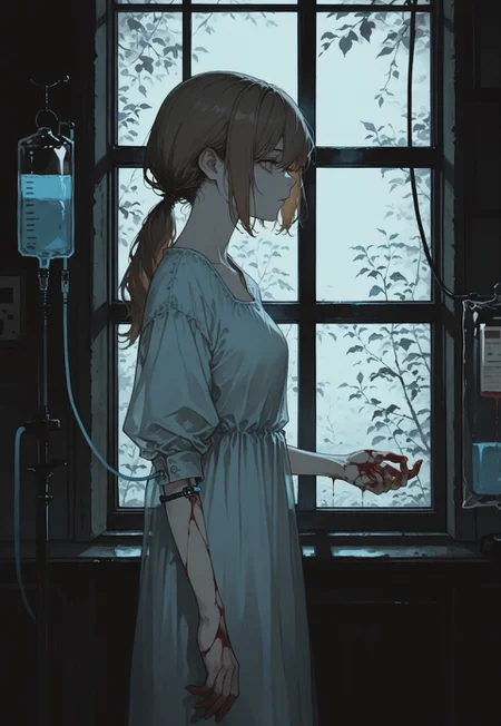 solo, detailed, ethereal, contemplative, (from side:0.7),
inside, window,
standing, (1infusion_bag, 1infusion_stand, 1infusion_cable, 1needle in arm:1.05), blood on hands,
1girl, brown hair, neat hair, low ponytail, bright blue patient dress,
masterpiece, best quality, amazing quality, very aesthetic, absurdres,