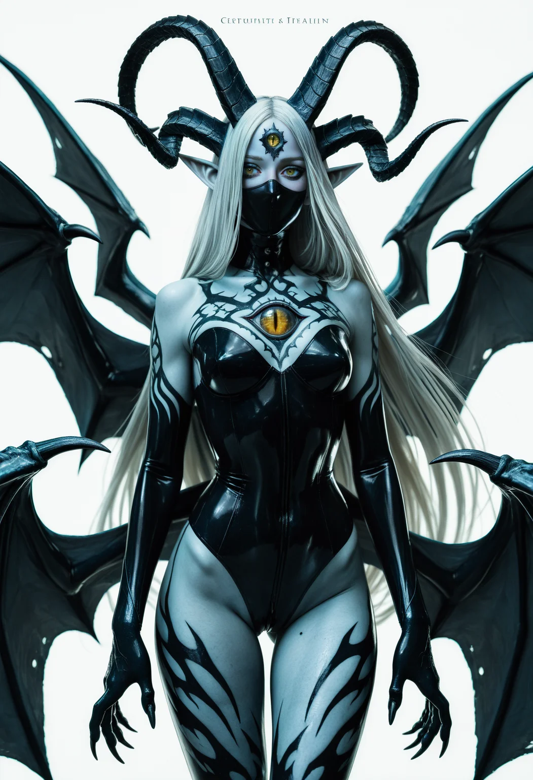 Highly detailed, Realistic, fine fabric detail, absurdres, highly-detailed, best quality, masterpiece, very aesthetic, 1girl, solo, long hair, horns, yellow eyes, white background, white hair, wings, claws, looking at viewer, very long hair, one eye covered, tattoo, third eye, halo, body markings
extra eyes, simple background, bare shoulders, grey hair, demon girl, colored skin, fingernails, standing, multiple horns, collarbone, sharp fingernails, extra arms, torn clothes, colored sclera, one-eyed, demon horns, multicolored hair, teeth, leotard, mask, demon wings, white skin, glowing, eyeball, pale skin, oversized limbs, grey skin, monster girl, covered mouth, ass visible through thighs, black sclera, facial mark, bangs, forehead mark, demon tail, slit pupils, floating, breasts, low wings, cracked skin, character name, corruption, torn, tentacles, multiple wings, pointy ears, full-body tattoo, hair over one eye, glowing eye, long fingernails,No