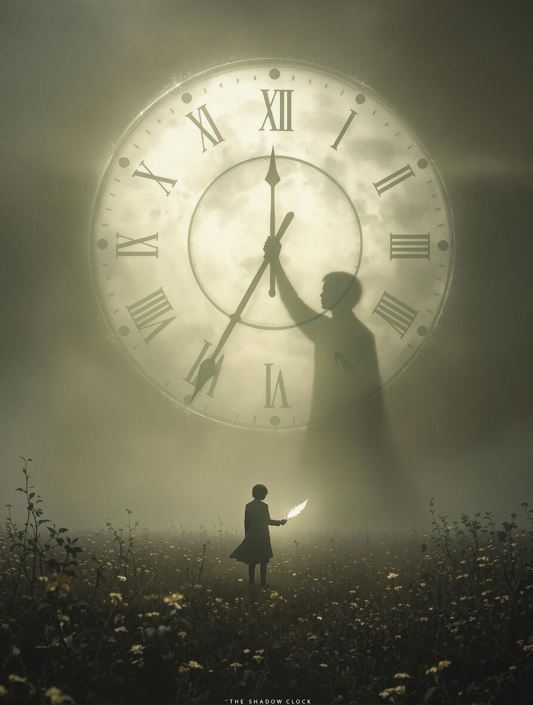An enigmatic composition bathed in soft, diffused light, blending whispers of surrealism and melancholia. The scene unfolds in a cinematic atmosphere where subtle textures and delicate grains add depth, while the interplay of light and shadow enhances the quiet intensity of the moment. A subdued color palette merges with ethereal haze, evoking a dreamlike quality and timeless stillness. The central subject – "The Shadow Clock": In a vast, moonlit field, an enormous clock made entirely of shadows casts moving beams of light across the ground. Henry stands beneath it, holding a glowing feather, as the shadow of a figure reaches toward him from the clock’s face.– is delicately framed, their presence balanced between mystery and intimacy. Surrounding elements, rich in symbolic undertones, anchor the narrative in an otherworldly context. Organic details like softly swaying flora or faintly glowing surfaces contrast with stark, haunting figures, creating a juxtaposition that is both poignant and surreal. The composition invites introspection, with negative space amplifying the mood's resonance. Every detail, from the atmospheric depth to the muted highlights, serves to craft an image that feels suspended in an emotional, poetic realm. surreal style