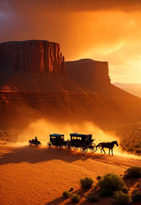 ispzxll, diorama, isometric, miniature, volumetric lighting style, intricate details, old west, americain frontier, wild west, horse, carriage, fast, view of bluff, dynamic frame, long shadows, golden hour, epic, rainstorm on horizon