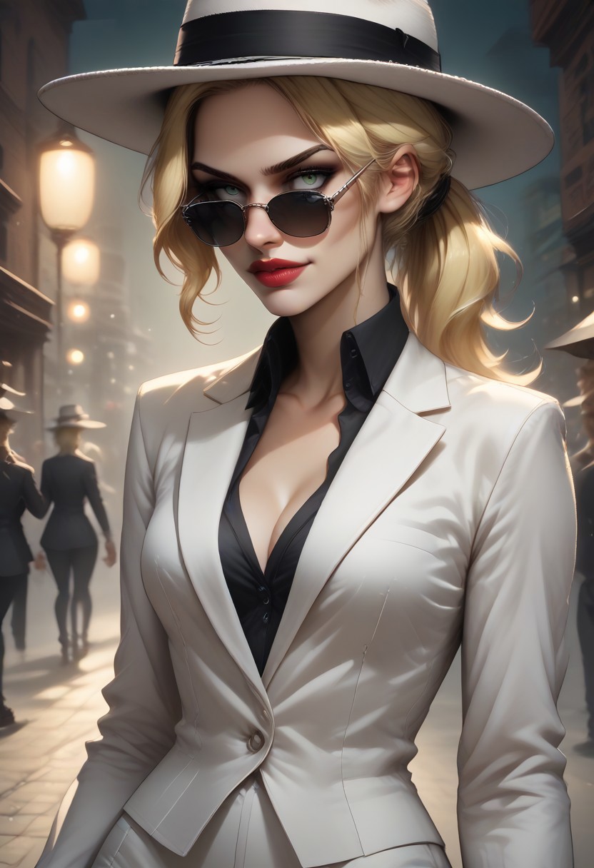 score_9, score_8_up, score_7_up, score_6_up, full body shot, golden hour, realistic, beautiful face, perfect eyes, 1girl, solo, 
partierbetherz, red lips, black eyeshadow, black eyeliner, black_and_silver_aviators, tinted_eyewear, black_framed_eyewear, sunglasses, black shirt, button up blouse, open collar, open_shirt, white_fedora, white_blazer,
looking_over_eyewear, smoldering look, licking lips