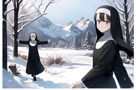 littlenuns, multiple girls, clumsy nun \(diva\), snowing, nun, detailed, woods, monastery, wind, <lora:littlenuns-000020:0.5>, masterpiece, best quality