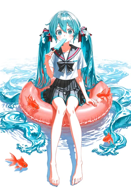 (quasarcake:0.5), (reoen:0.9), hiro \(dismaless\), (baffu:0.8), 
1girl, solo, hatsune miku, bottle miku, innertube, popsicle, eating, sitting, hair ribbon, barefoot, pleated skirt, serafuku, goldfish, looking at viewer, bowtie, water, straight-on, full body, white background

<segment:yolo-Anzhc-Face-seg-1024-v2-y8n.pt,0.5,0.4//cid=11>