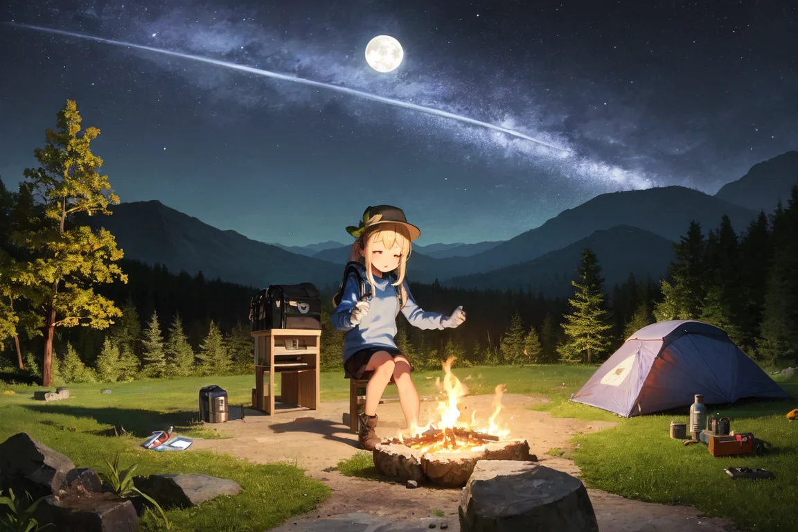 masterpiece, best quality, ultra-detailed, illustration, 1girl, solo, outdoors, camping, night, mountains, nature, stars, moon, bonfire, tent, twin ponytails, green eyes, cheerful, happy, backpack, sleeping bag, camping stove, water bottle, mountain boots, gloves, sweater, hat, flashlight, forest, rocks, river, wood, smoke, shadows, contrast, clear sky, constellations, Milky Way, peaceful, serene, quiet, tranquil, remote, secluded, adventurous, exploration, escape, independence, survival, resourcefulness, challenge, perseverance, stamina, endurance, observation, intuition, adaptability, creativity, imagination, artistry, inspiration, beauty, awe, wonder, gratitude, appreciation, relaxation, enjoyment, rejuvenation, mindfulness, awareness, connection, harmony, balance, texture, detail, realism, depth, perspective, composition, color, light, shadow, reflection, refraction, tone, contrast, foreground, middle ground, background, naturalistic, figurative, representational, impressionistic, expressionistic, abstract, innovative, experimental, unique