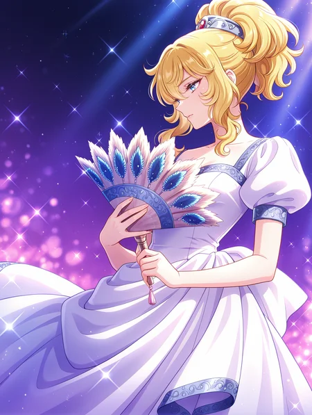 oscar francois de jarjayes,1girl,solo,holding hand fan,hand fan,sparkle,purple theme,blurry,ponytail,silver hairband,puffy short sleeves,white gown,2024,
masterpiece,best quality,amazing quality,very aesthetic,absurdres,newest,<lora:oscar_francois_de_jarjayes illusXL v1:0.72>,