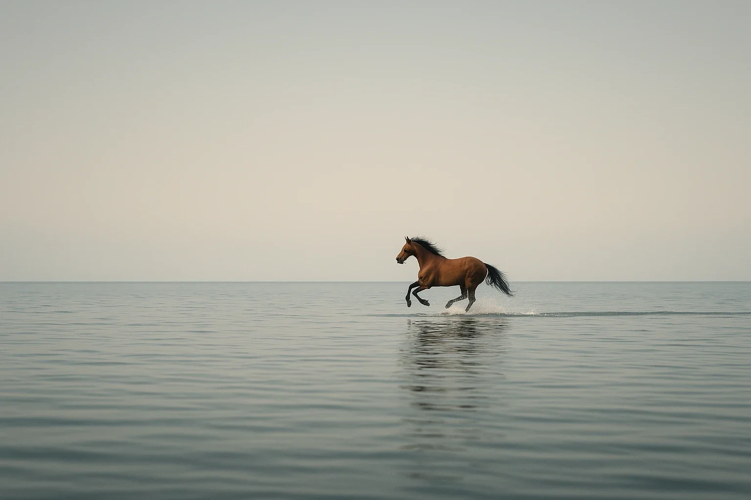 Realistic photograph of a horse galloping from right to left across a vast, calm ocean surface, accurately depicting splashes, reflections, and subtle ripple patterns beneath their hooves. Exaggerate horse movements but everything else should be still, quiet to show contrast with the horse's strength. clean composition, cinematographic. A wide, panoramic composition showcasing a distant horizon. Atmospheric perspective creating depth. zoomed out so the horse appears minuscule compared to vast ocean.
horse is right at the horizon where ocean meets sky. use rule of thirds to position horse. size of horse is 1% size of entire image because camera is so far away from subject. camera view is super close to the ground/ocean like a worm's eye view. horse is galloping right where ocean meets the sky