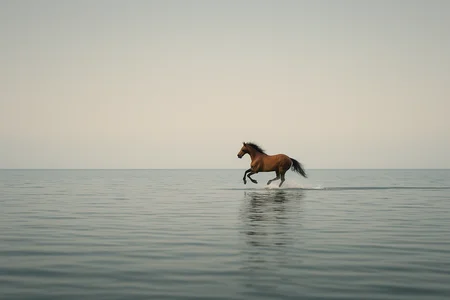 Realistic photograph of a horse galloping from right to left across a vast, calm ocean surface, accurately depicting splashes, reflections, and subtle ripple patterns beneath their hooves. Exaggerate horse movements but everything else should be still, quiet to show contrast with the horse's strength. clean composition, cinematographic. A wide, panoramic composition showcasing a distant horizon. Atmospheric perspective creating depth. zoomed out so the horse appears minuscule compared to vast ocean.

horse is right at the horizon where ocean meets sky. use rule of thirds to position horse. size of horse is 1% size of entire image because camera is so far away from subject. camera view is super close to the ground/ocean like a worm's eye view. horse is galloping right where ocean meets the sky