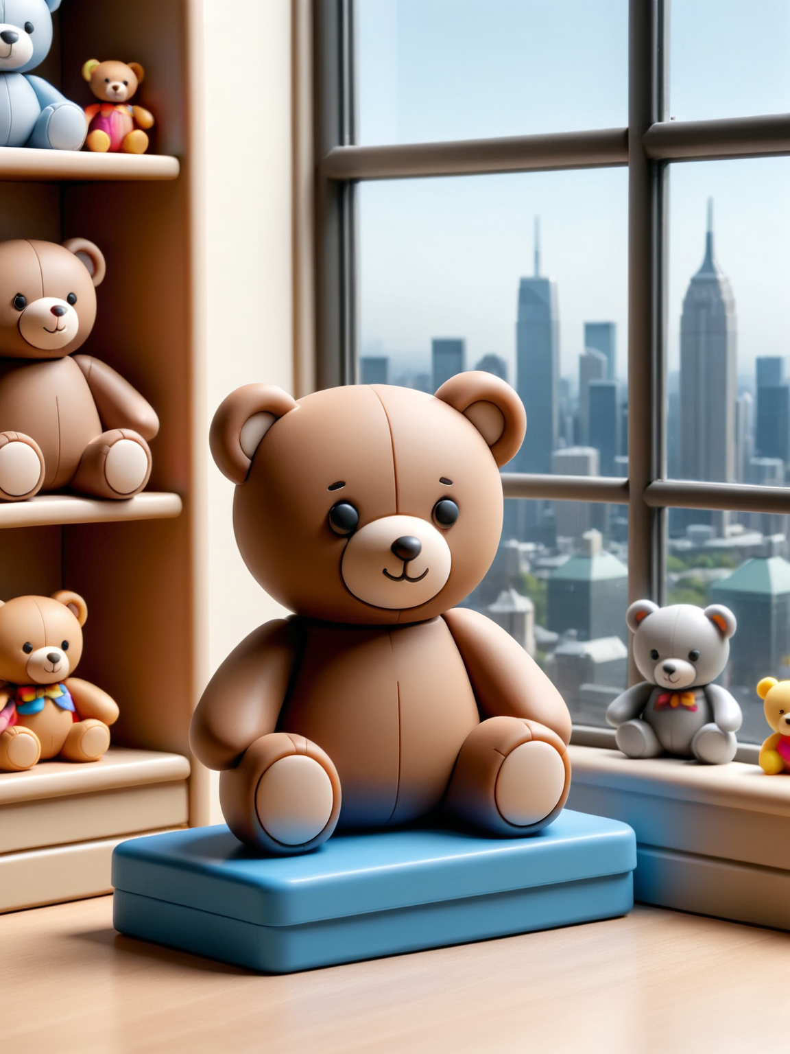 ais-plasticz teddy bear, sitting on an ais-plasticz shelf in a child's room, surrounded by other ais-plasticz toys and an ais-plasticz window overlooking an ais-plasticz cityscape <lora:Plastic_Toy_Style_SDXL:1>