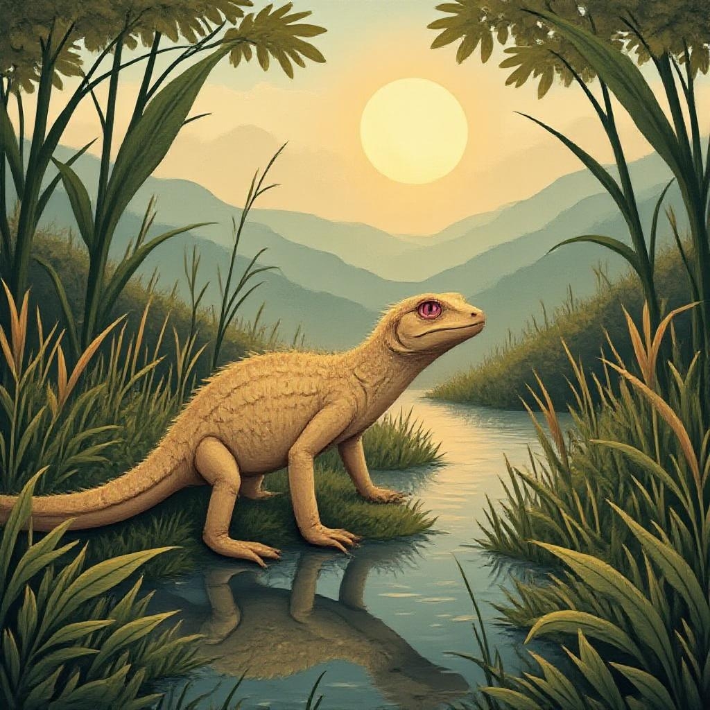 <lora:FolkCartoon.safetensors:1>  The subject is a slender lizard with light beige scales, its spiky texture catching the soft, golden light of dawn. Its bright pink eyes glisten with curiosity, reflecting the ethereal glow of the misty swamp. The lizard’s semi-camouflaged form blends seamlessly with the tall reeds and overgrown plants, its movements graceful and deliberate, as if it were a guardian of this hidden realm. The scene is rendered in photographic realism, with intricate details like moisture droplets clinging to leaves and the subtle patterns on the reeds. The foreground is lush with dense foliage, while the reflective water adds a tranquil depth to the composition. The background fades into a foggy haze, with muted earth tones and soft blues creating a dreamlike atmosphere. The setting is a secluded swamp, alive with the whispers of nature, where the sunlight peeks through the mist, casting delicate shadows and illuminating the scene with a serene, magical quality. The mood is one of enchantment and wonder, as if this moment exists outside of time, a fleeting glimpse into a world untouched by the passage of years.