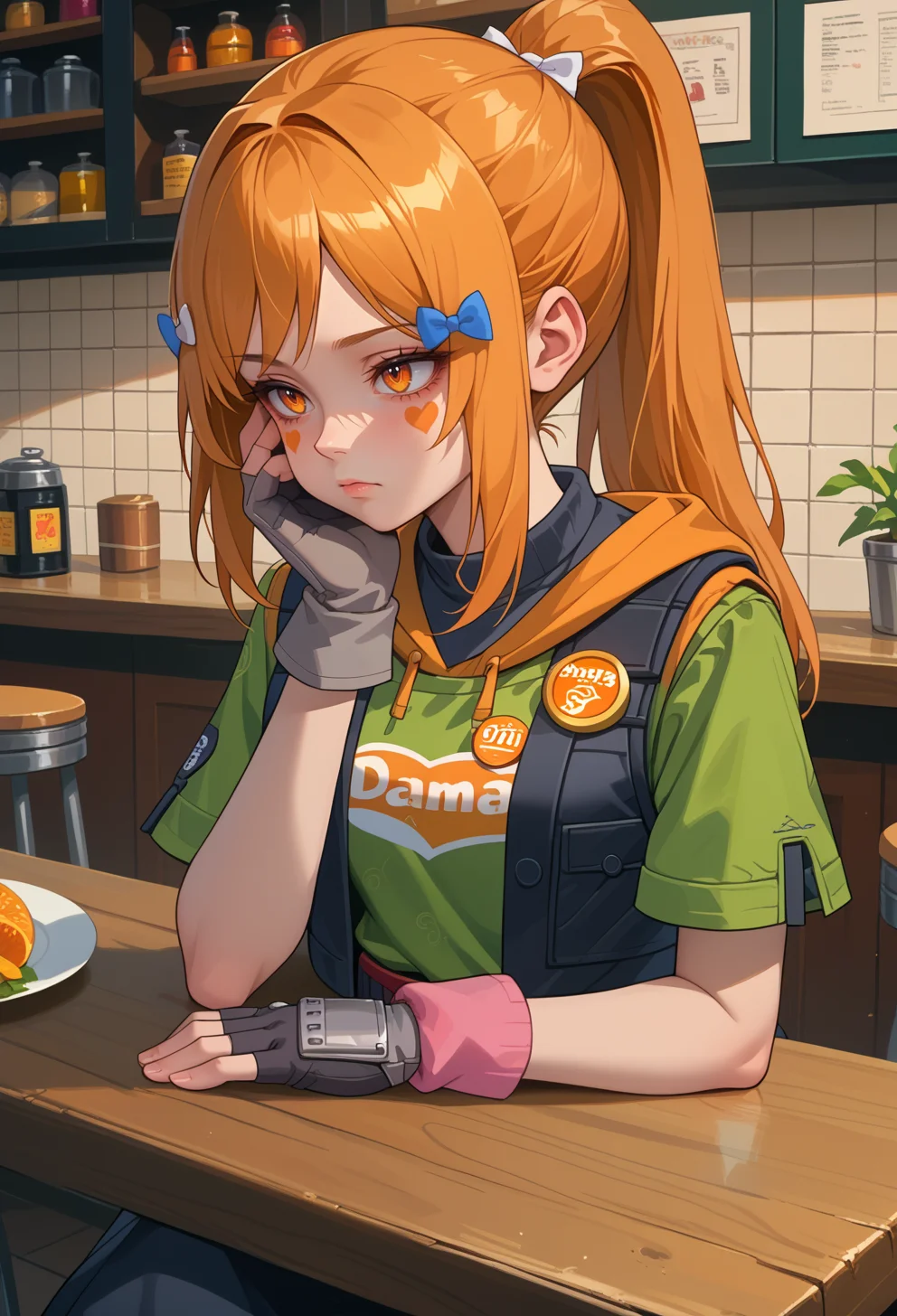 score_9, score_7_up, source_anime, solo, BREAK <lora:AEHeddy:0.7> AEHeddy, orange eyes, orange hair, long hair, ponytail, sidelocks, facial mark, heart facial mark, hair bow, hair tie, hair clip, blue bow, white bow, hoodie, black skirt, black vest, green shirt, short sleeves, black gloves, fingerless gloves, grey gloves, apron, badge, red belt, long skirt, pink socks, black footwear, boots,
bored, leaning on table, head rest, hand on own face, counter,