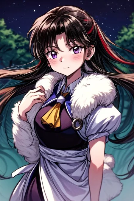 masterpiece, best quality 1girl Setsun4 solo long hair, (night time) forest background black hair very long hair purple eyes multicolored hair armor (fur trim) (medium body),<lora:EMS-179-EMS:0.800000>,<lora:EMS-293862-EMS:0.800000> bow, hair_bow, hair_tubes, red_bow, brown_hair, long_hair, bangs, ascot, frilled_bow, yellow_ascot, blush, smile, hair_between_eyes, athletic, armor, miko