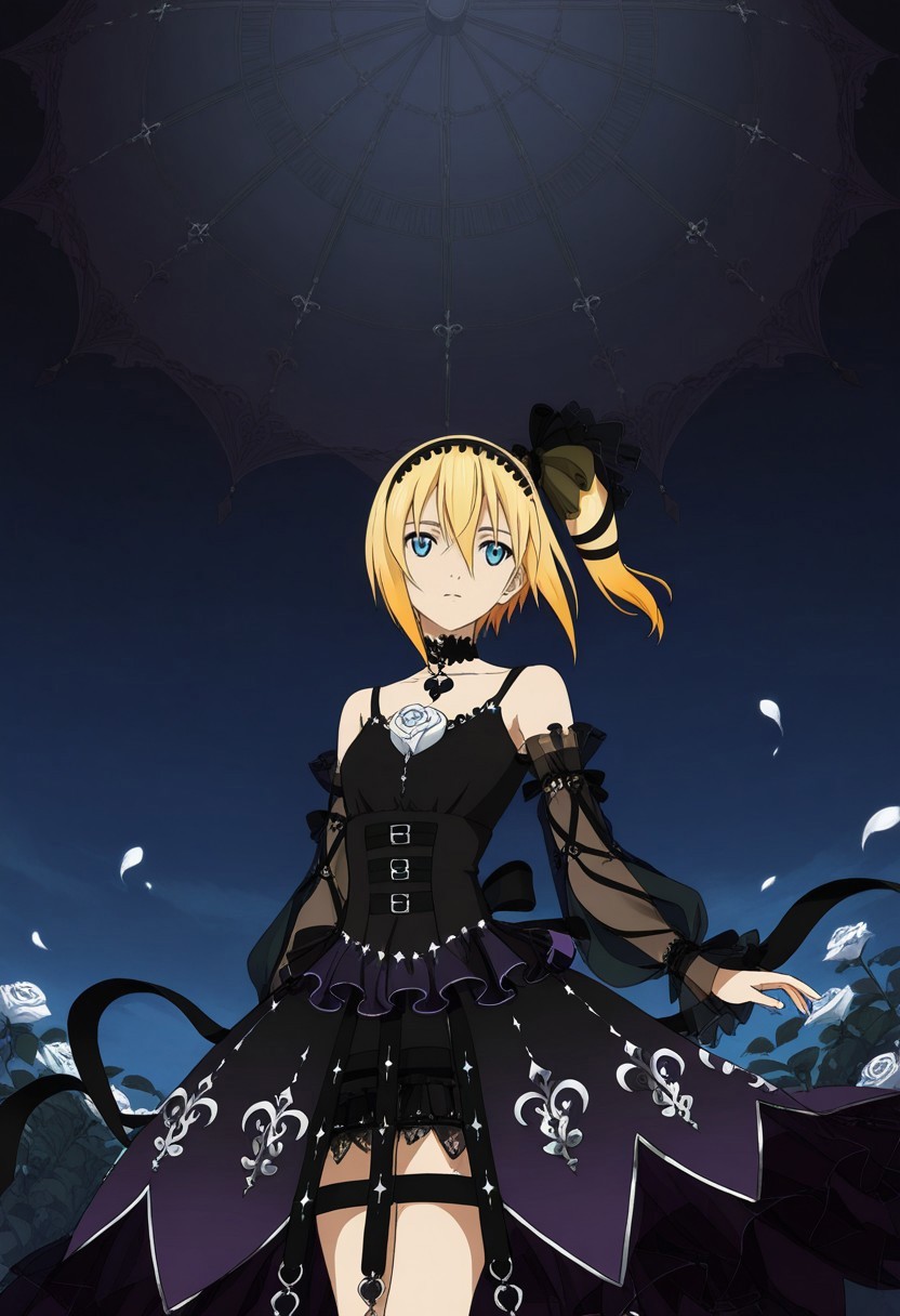 edna (tales), side ponytail, blonde hair, gradient hair, black hairband, black lace, black ribbon, black dress, crinoline, detached sleeves, see-through sleeves, white rose, black choker, fleur-de-lis, blue eyes, short hair, floating, dark scenery, cowboy shot,