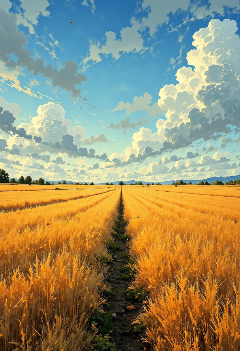 Canadian Wheat Fields – Gentle Wind & Golden Horizon
"A golden wheat field in the Canadian prairies, bathed in the soft glow of the late afternoon sun. The warm breeze ripples across the endless rows of wheat, creating gentle waves of movement. Puffy white clouds drift lazily across the vast blue sky, casting soft shadows over the golden landscape."