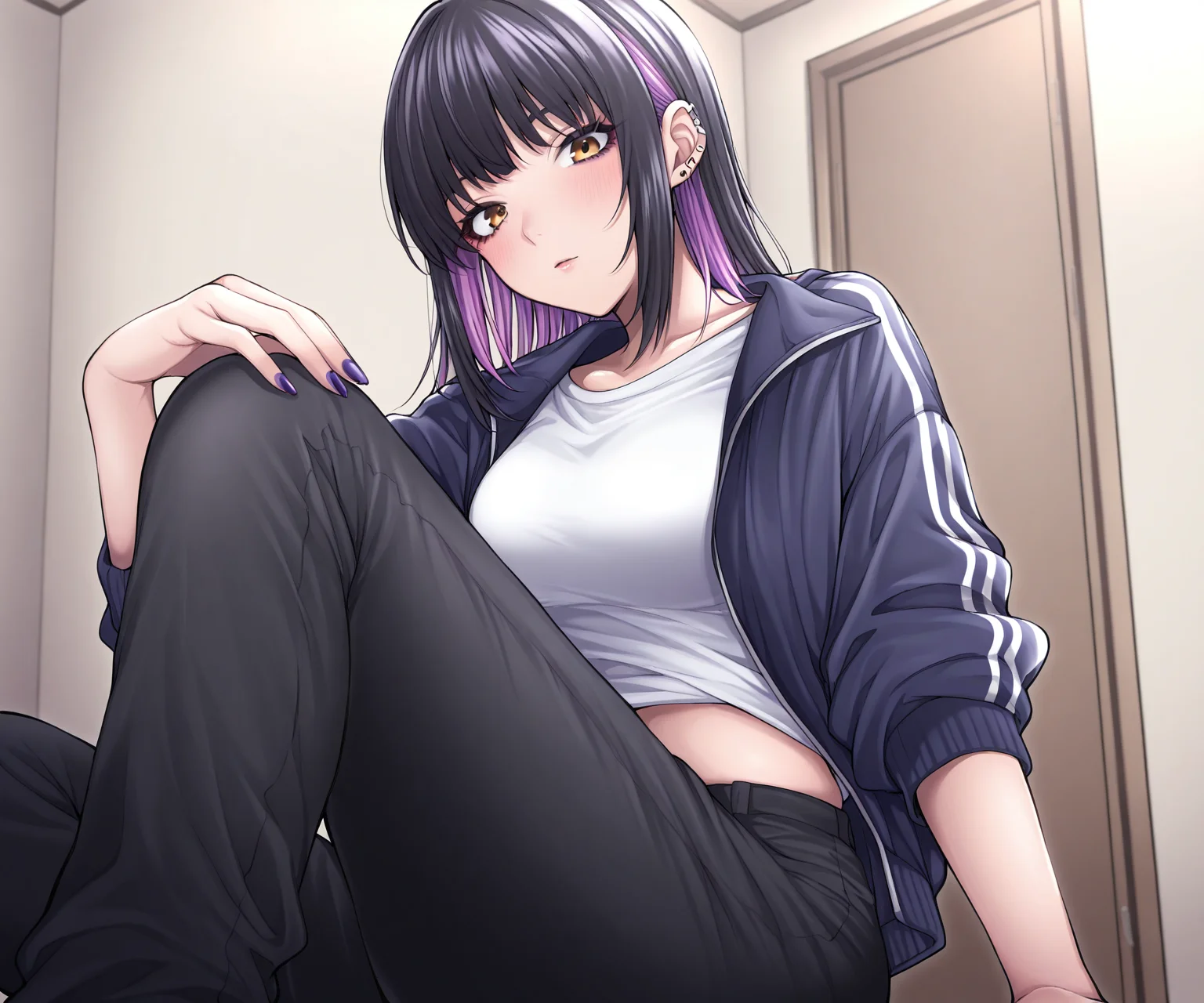 masterpiece, best quality, amazing quality, 1girl, solo, shirt, jacket, pants, looking at viewer, two-tone hair, black hair, purple hair, mascara, ear piercing, nail polish, sfw, <lora:Yawano Yawa ILL-v2:1> yawano_yawa