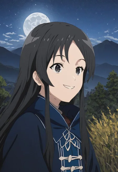 nanahoshi_shizuka, smiling, mountain scenery, nighttime, fireflies, full moon