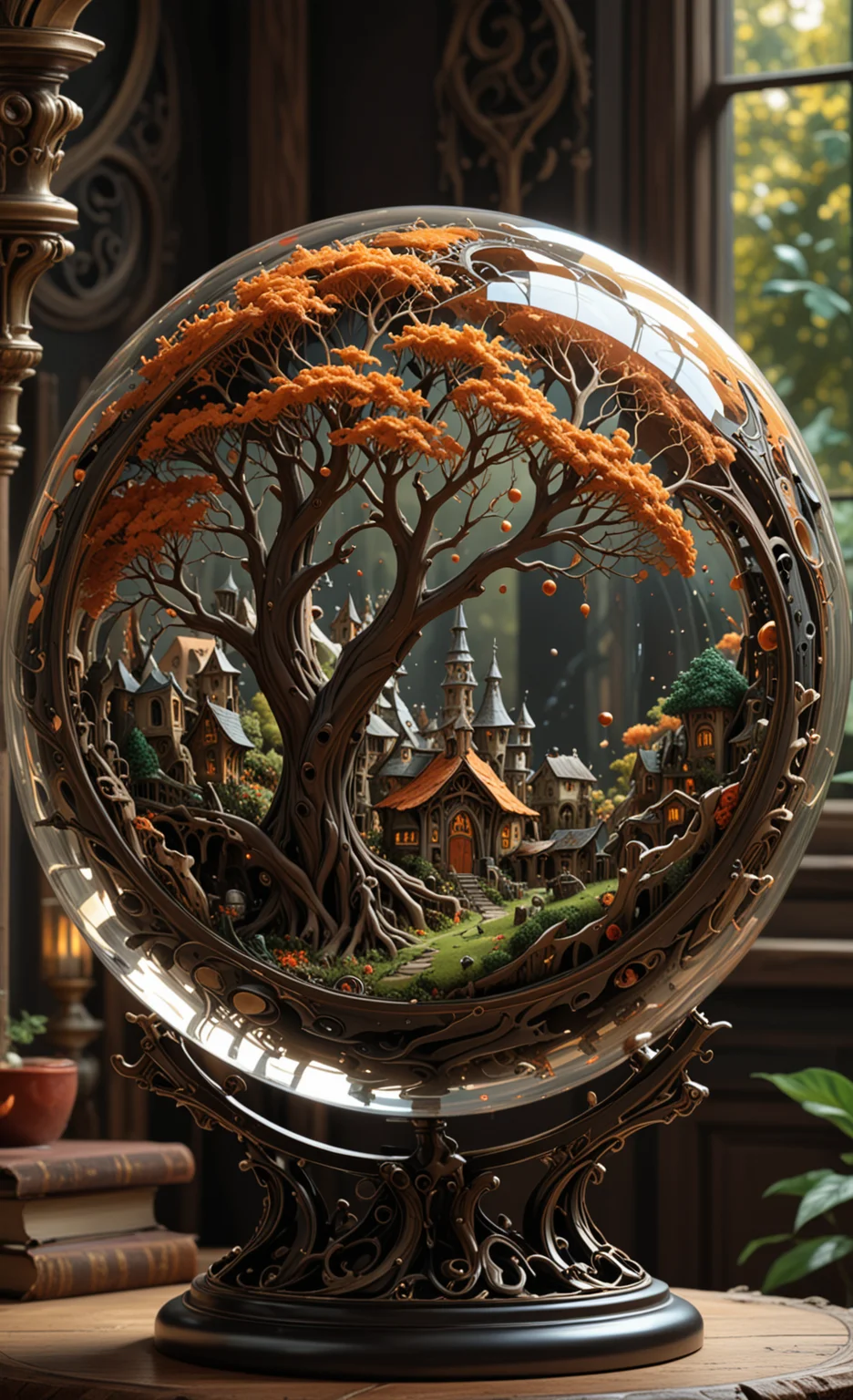 A glass sphere sculpture, concealed inside the sphere is a Hobbits village, in the day, detailed image, 8k high quality detailed, shaped sphere, amazing wallpaper, digital painting highly detailed, 8k UHD detailed oil painting, beautiful art UHD, focus on full glass sphere, bokeh, background Modifiers: extremely detailed Award winning photography, fantasy studio lighting, photorealistic very attractive beautiful imperial colours ultra detailed 3D, (Very Intricate), UHD, <lora:3D_Framed_Wall_Art_-_By_DICE:1>, (3D Framed, Macabre)
