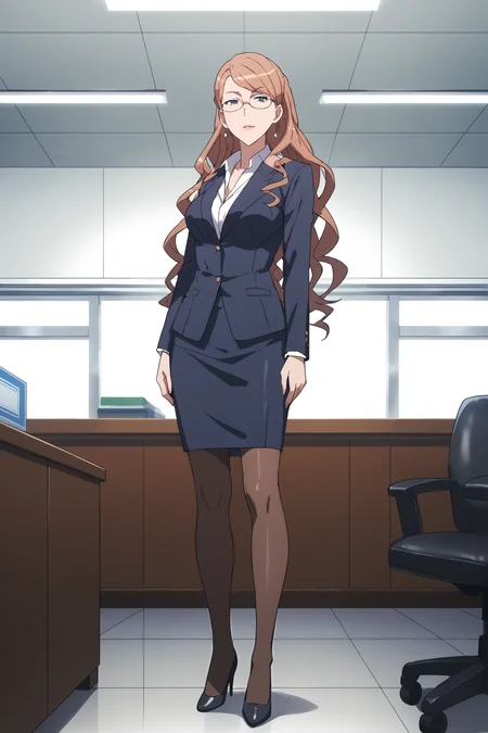 therestina kihara lifeline, brown hair, long hair, wavy hair, blue hair, glasses, thterestinasuit, suit, formal, white shirt, collared shirt, black jacket, black skirt, pencil skirt, brown pantyhose, high heels, <lora:Therestina_Kihara_Lifeline:0.8>, score_9, score_8_up, score_7_up, score_6_up, score_5_up, source_anime, rating_safe, medium breasts, indoors, office, 1girl, solo, looking at viewer, <lora:age_slider_v4:3>, (full body:1.2)