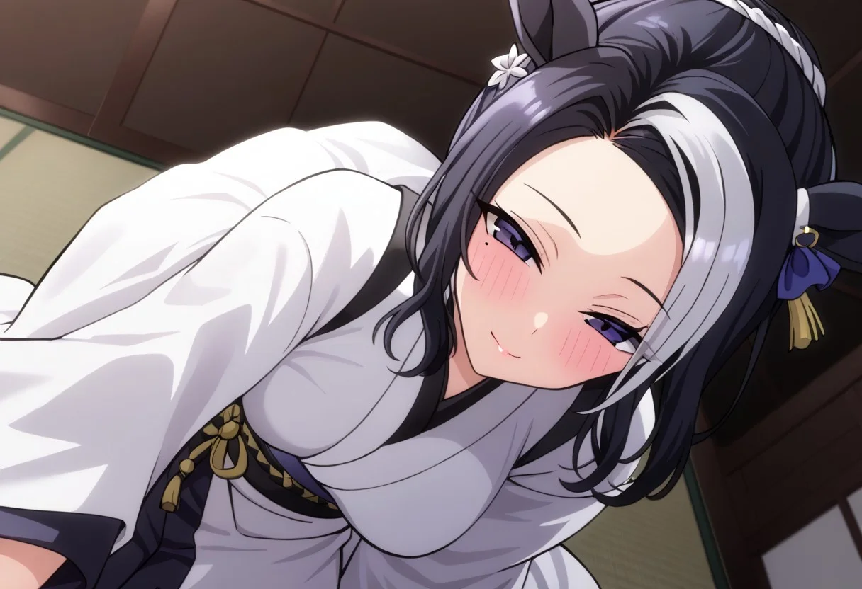 18 years old ,women,solo,1girl,nsfw,
rmnsd, horse girl, multicolored hair, streaked hair, ear ornament, mole under eye saimin.il,
saimin, tsubaki, white clothes, white kimono,
clothed girl, kimono,
