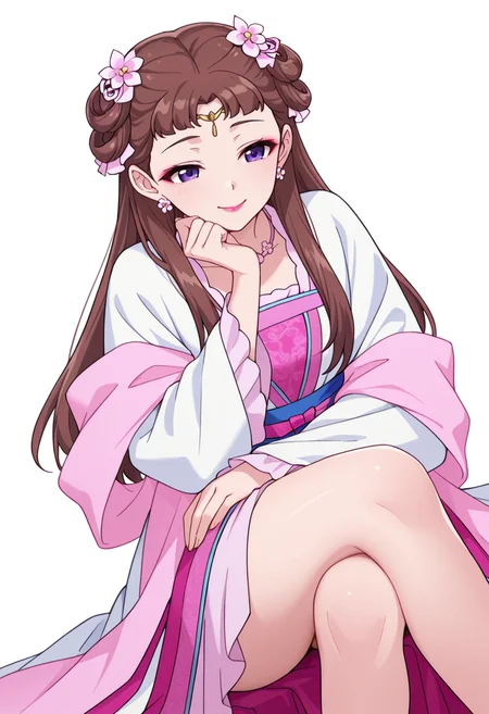 Smooth Quality,masterpiece,very intricate, high quality details, ultra realistic, high detailed skin,detailed enviorement,absurdres,
partially undressed,
<lora:Lishu_CNR:0.8> lishu_cnr,brown hair, long hair, purple eyes, makeup, lipstick, lishu_pink_cnr,hanfu, dress, long sleeves, sash, shawl, circlet, flower earrings, necklace,hair flower, hair rings, hair bun,, simple background, white background, dutch angle,
sitting pose, legs crossed, one hand resting on chin, playful smile, relaxed shoulders, ,torogao,